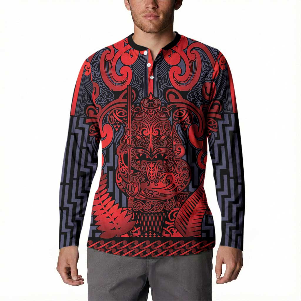 Custom New Zealand Taiaha Maori Button Sweatshirt Whero Minimalist Silver Fern Tukutuku Motif LT9 - Polynesian Pride