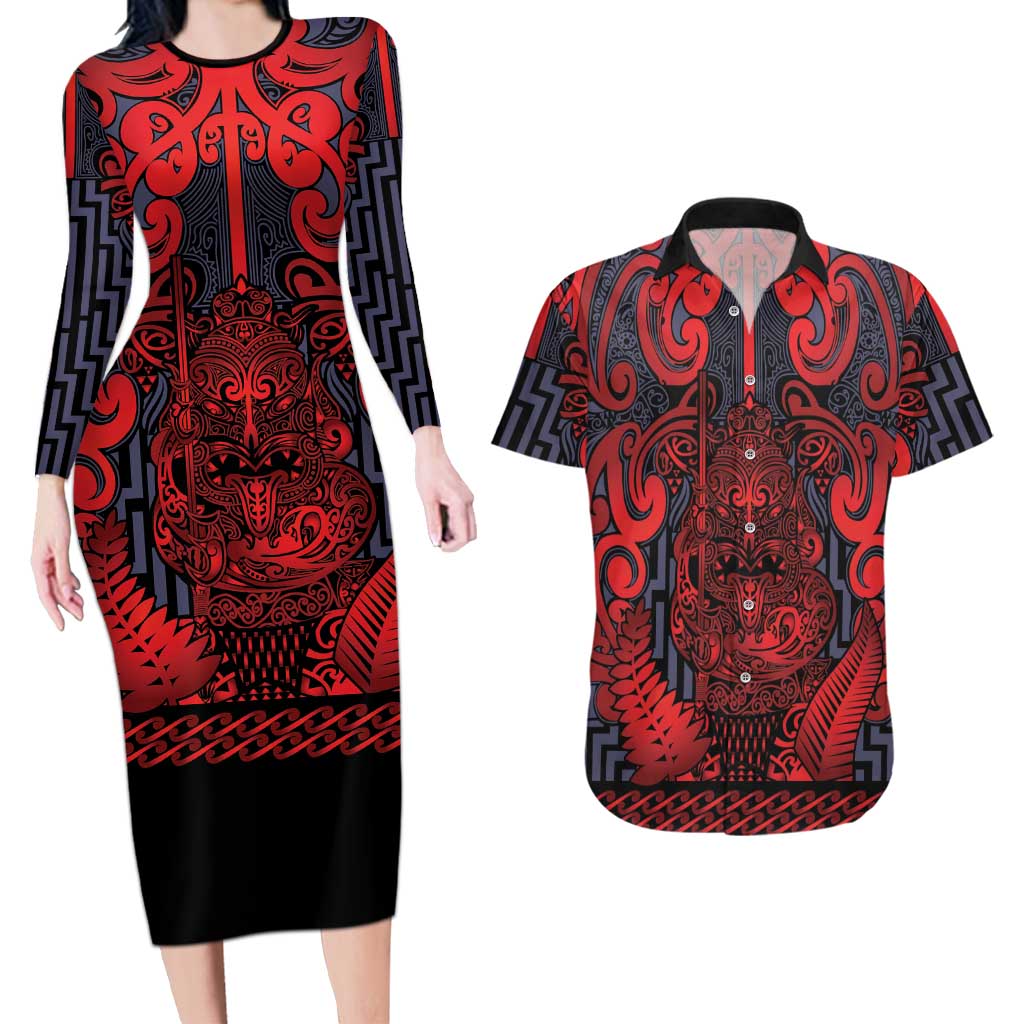 Custom New Zealand Taiaha Maori Couples Matching Long Sleeve Bodycon Dress and Hawaiian Shirt Whero Minimalist Silver Fern Tukutuku Motif LT9 Red - Polynesian Pride