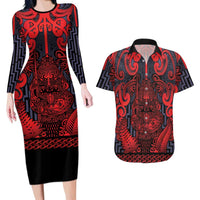 Custom New Zealand Taiaha Maori Couples Matching Long Sleeve Bodycon Dress and Hawaiian Shirt Whero Minimalist Silver Fern Tukutuku Motif LT9 Red - Polynesian Pride