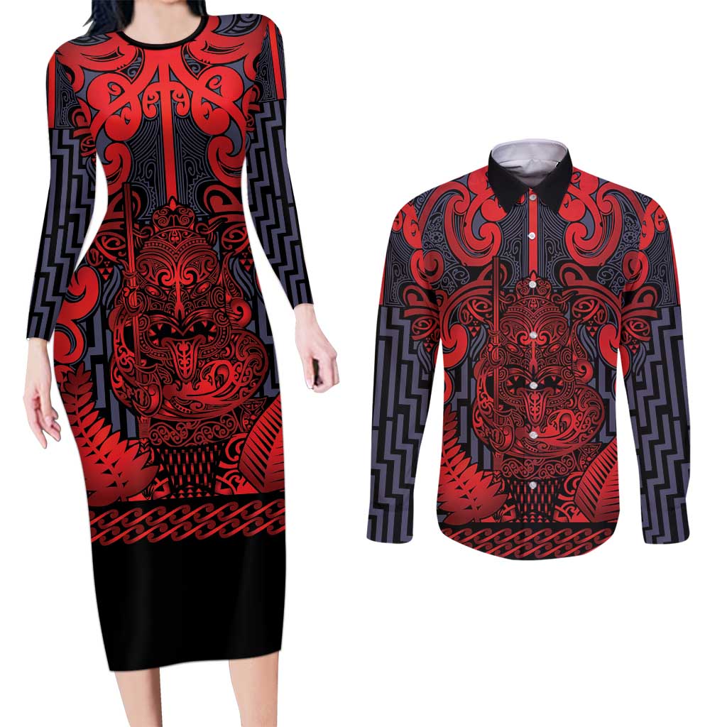 Custom New Zealand Taiaha Maori Couples Matching Long Sleeve Bodycon Dress and Long Sleeve Button Shirt Whero Minimalist Silver Fern Tukutuku Motif LT9 Red - Polynesian Pride