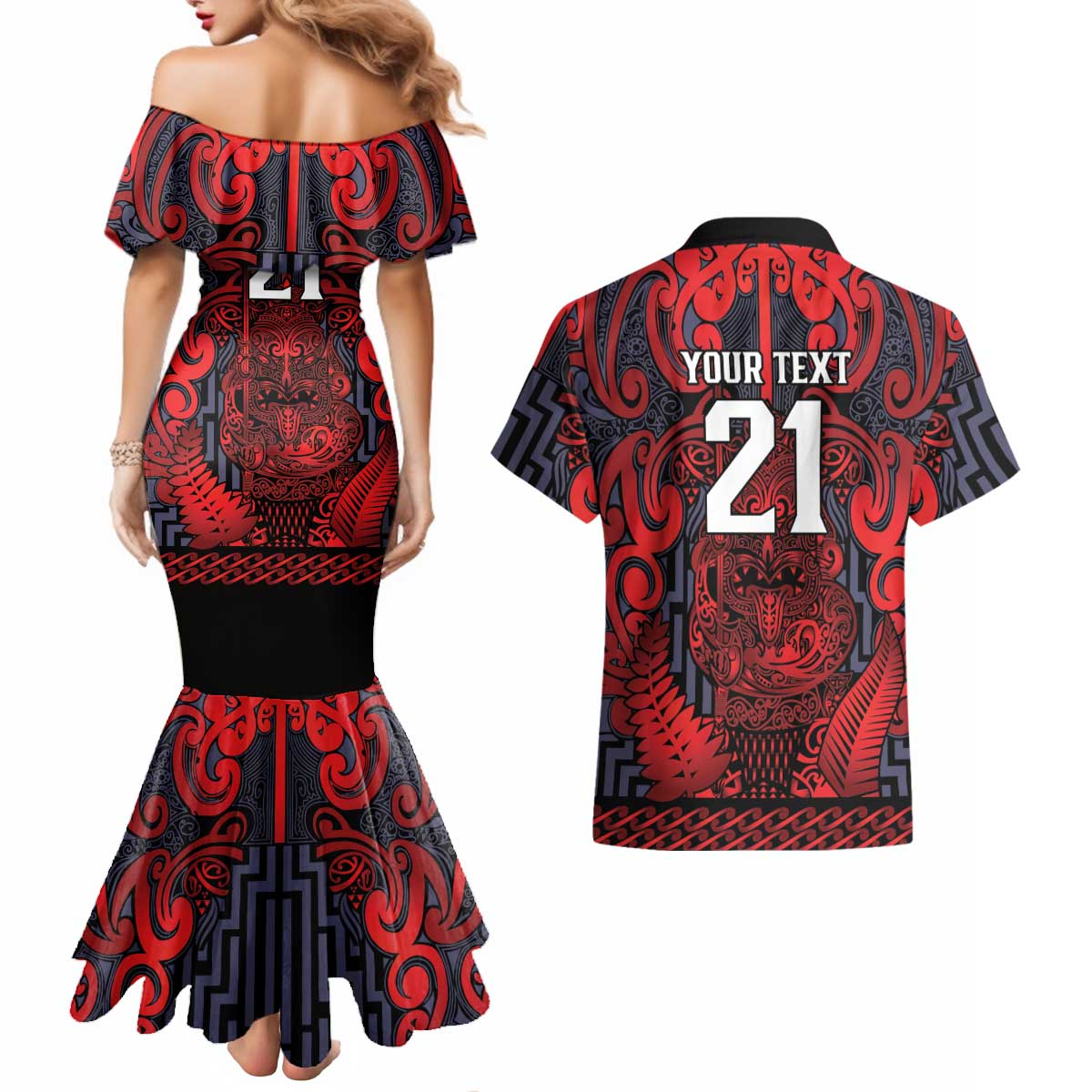 Custom New Zealand Taiaha Maori Couples Matching Mermaid Dress and Hawaiian Shirt Whero Minimalist Silver Fern Tukutuku Motif LT9 - Polynesian Pride