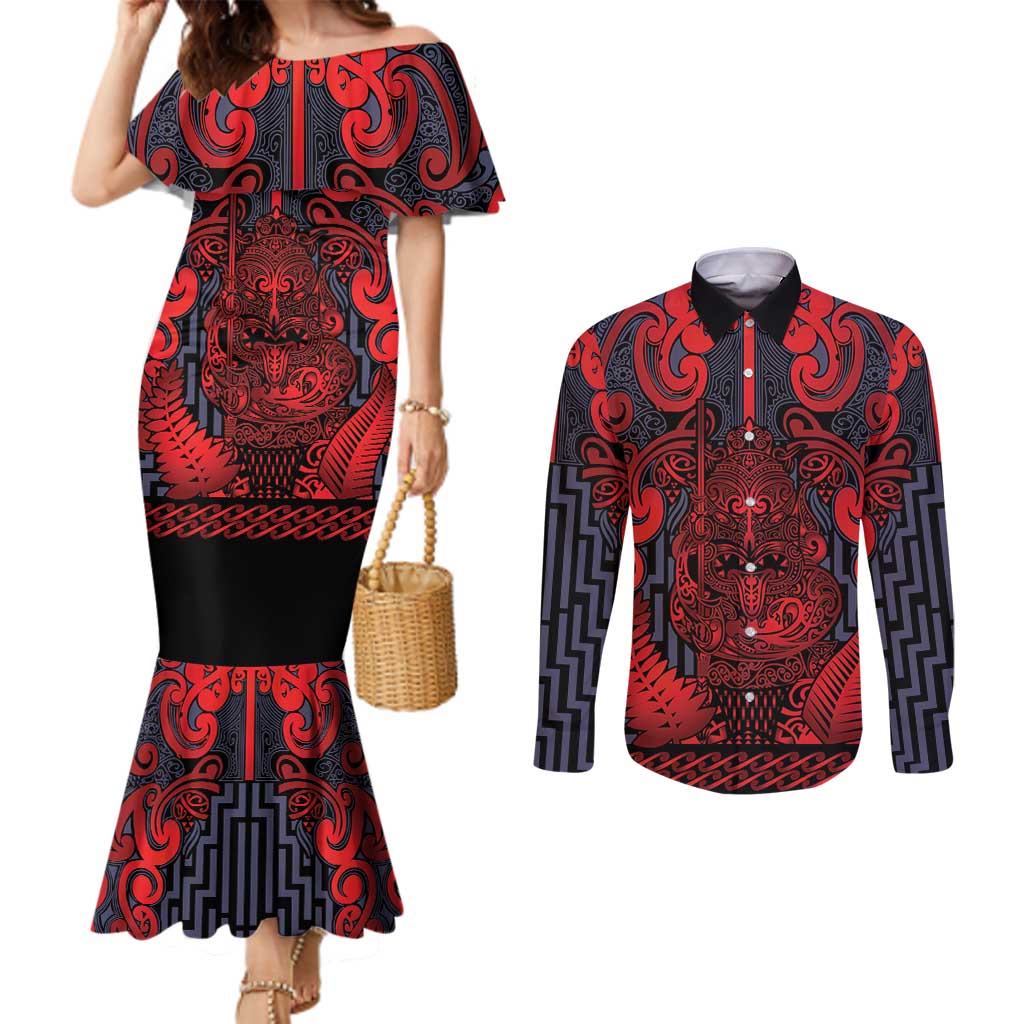 Custom New Zealand Taiaha Maori Couples Matching Mermaid Dress and Long Sleeve Button Shirt Whero Minimalist Silver Fern Tukutuku Motif LT9 Red - Polynesian Pride