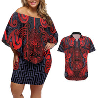 Custom New Zealand Taiaha Maori Couples Matching Off Shoulder Short Dress and Hawaiian Shirt Whero Minimalist Silver Fern Tukutuku Motif LT9 Red - Polynesian Pride