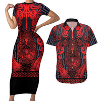 Custom New Zealand Taiaha Maori Couples Matching Short Sleeve Bodycon Dress and Hawaiian Shirt Whero Minimalist Silver Fern Tukutuku Motif LT9 Red - Polynesian Pride