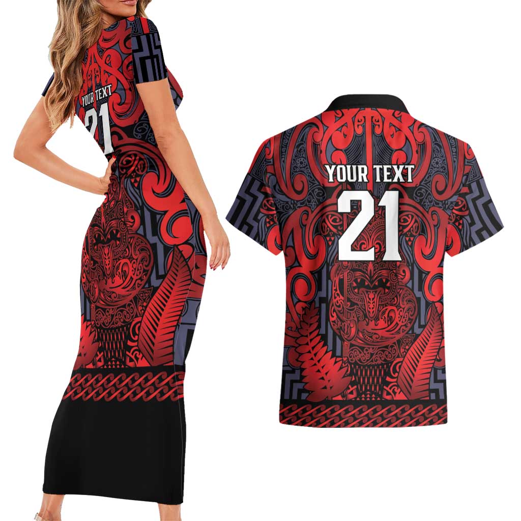 Custom New Zealand Taiaha Maori Couples Matching Short Sleeve Bodycon Dress and Hawaiian Shirt Whero Minimalist Silver Fern Tukutuku Motif LT9 - Polynesian Pride