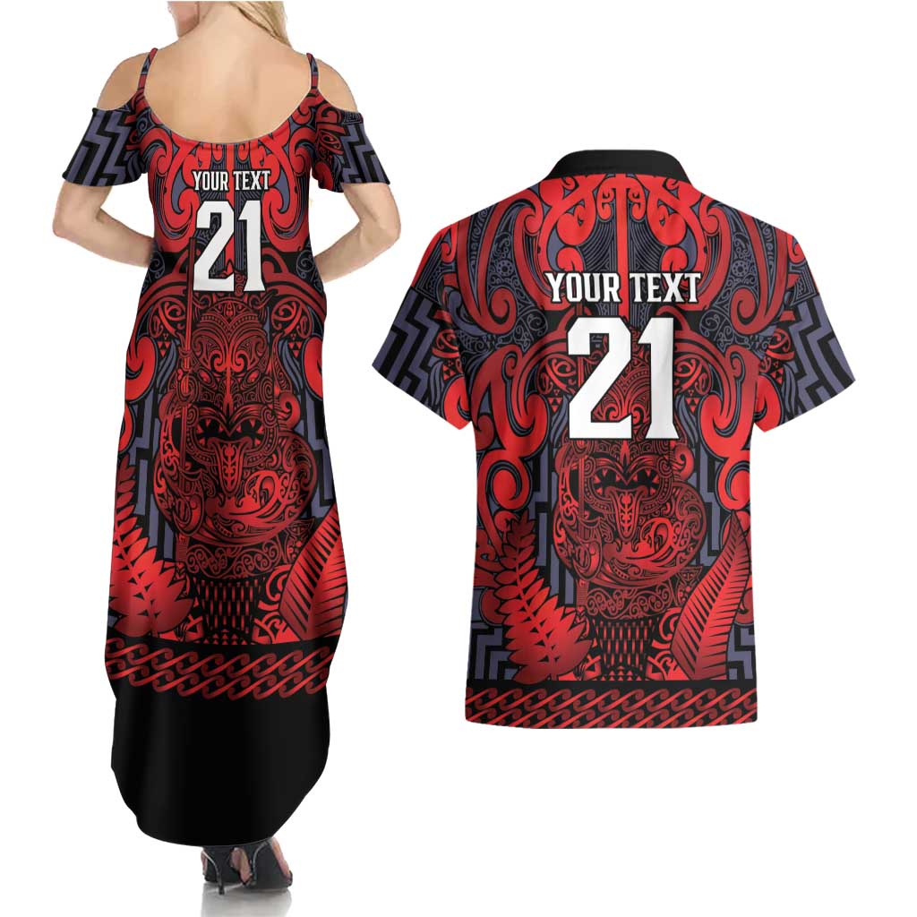 Custom New Zealand Taiaha Maori Couples Matching Summer Maxi Dress and Hawaiian Shirt Whero Minimalist Silver Fern Tukutuku Motif LT9 - Polynesian Pride