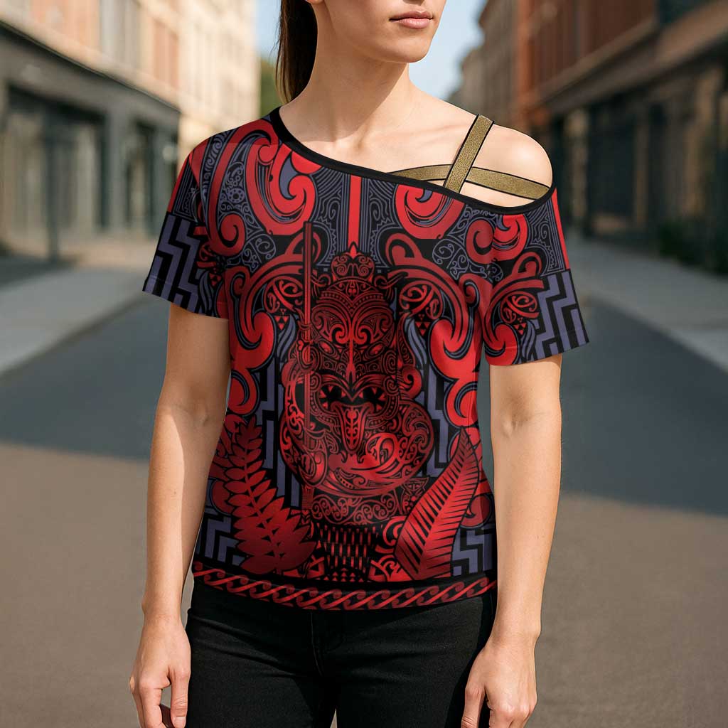 Custom New Zealand Taiaha Maori Cross Shoulder Shirt Whero Minimalist Silver Fern Tukutuku Motif LT9 - Polynesian Pride