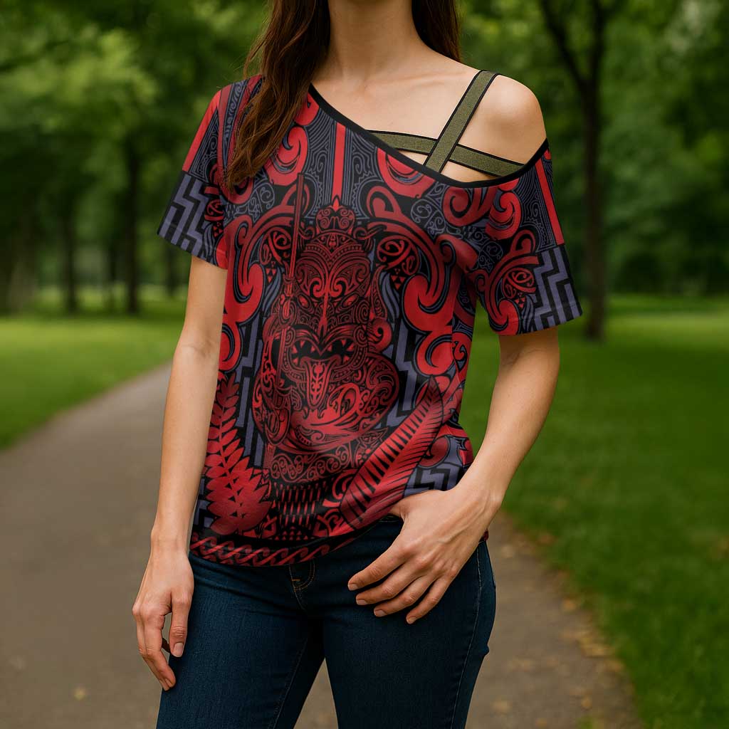 Custom New Zealand Taiaha Maori Cross Shoulder Shirt Whero Minimalist Silver Fern Tukutuku Motif LT9 - Polynesian Pride