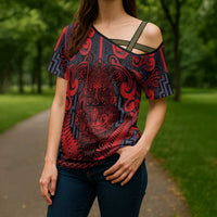 Custom New Zealand Taiaha Maori Cross Shoulder Shirt Whero Minimalist Silver Fern Tukutuku Motif LT9 - Polynesian Pride