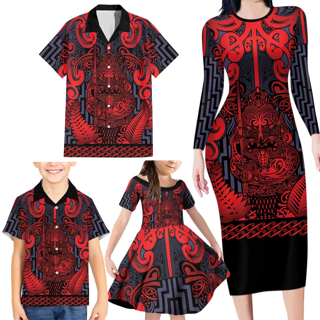 Custom New Zealand Taiaha Maori Family Matching Long Sleeve Bodycon Dress and Hawaiian Shirt Whero Minimalist Silver Fern Tukutuku Motif LT9 - Polynesian Pride