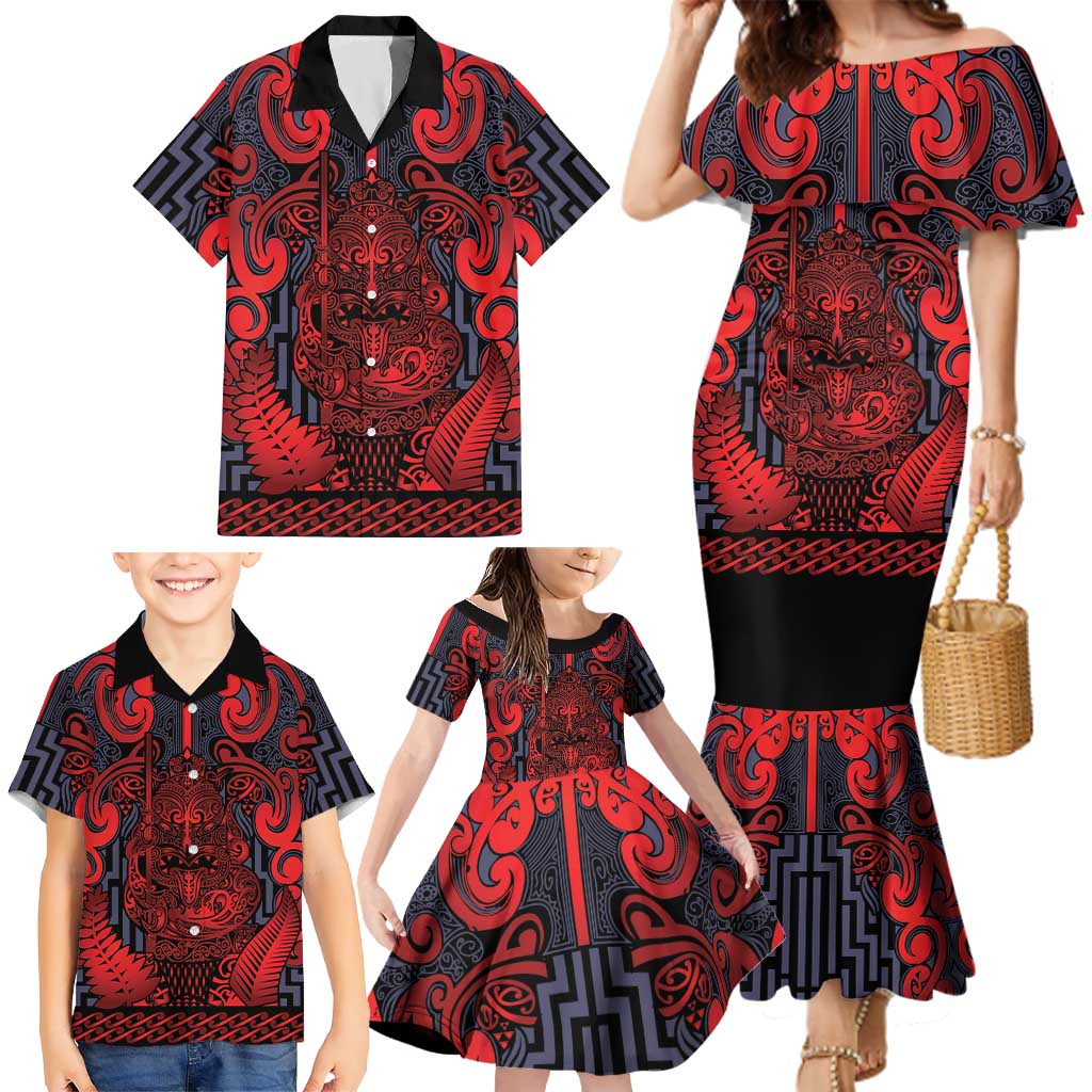 Custom New Zealand Taiaha Maori Family Matching Mermaid Dress and Hawaiian Shirt Whero Minimalist Silver Fern Tukutuku Motif LT9 - Polynesian Pride