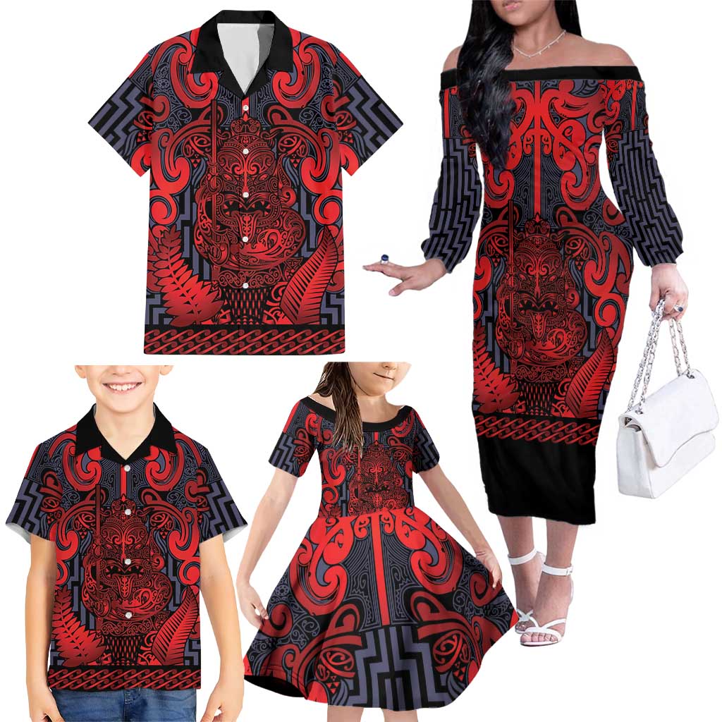 Custom New Zealand Taiaha Maori Family Matching Off The Shoulder Long Sleeve Dress and Hawaiian Shirt Whero Minimalist Silver Fern Tukutuku Motif LT9 - Polynesian Pride