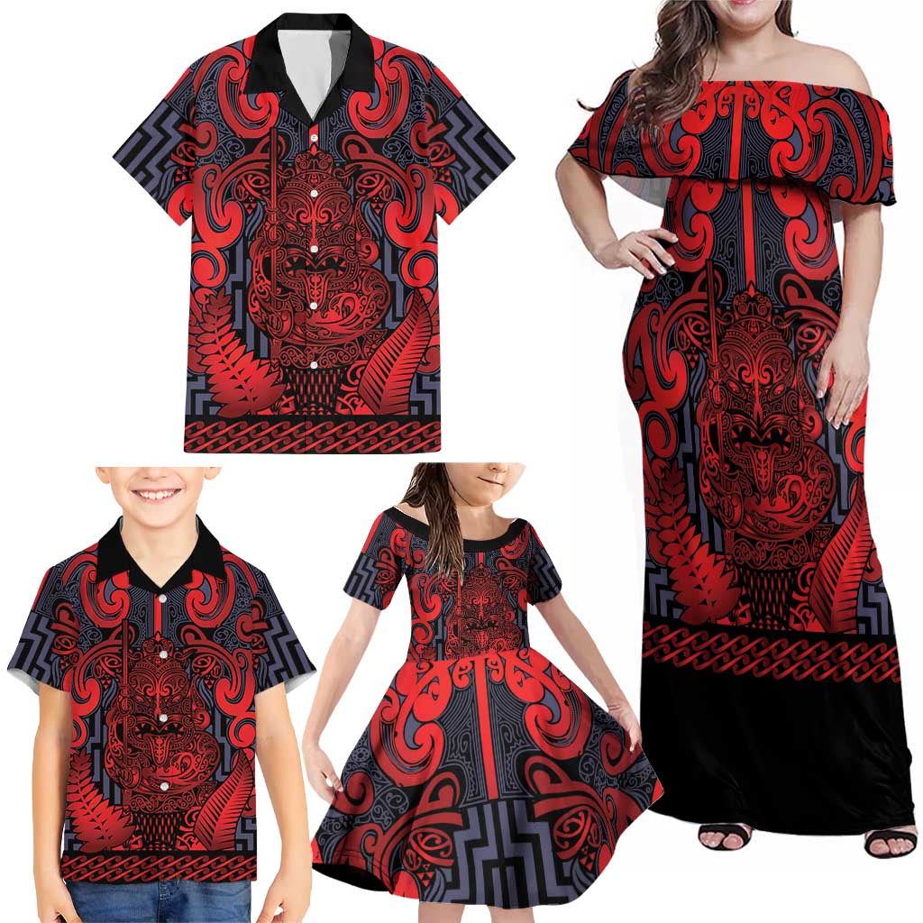 Custom New Zealand Taiaha Maori Family Matching Off Shoulder Maxi Dress and Hawaiian Shirt Whero Minimalist Silver Fern Tukutuku Motif