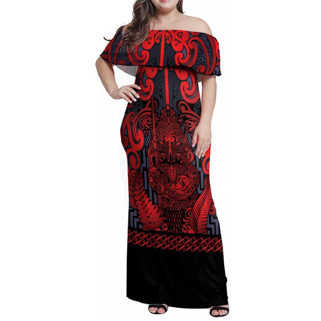 Custom New Zealand Taiaha Maori Family Matching Off Shoulder Maxi Dress and Hawaiian Shirt Whero Minimalist Silver Fern Tukutuku Motif LT9 Mom's Dress Red - Polynesian Pride
