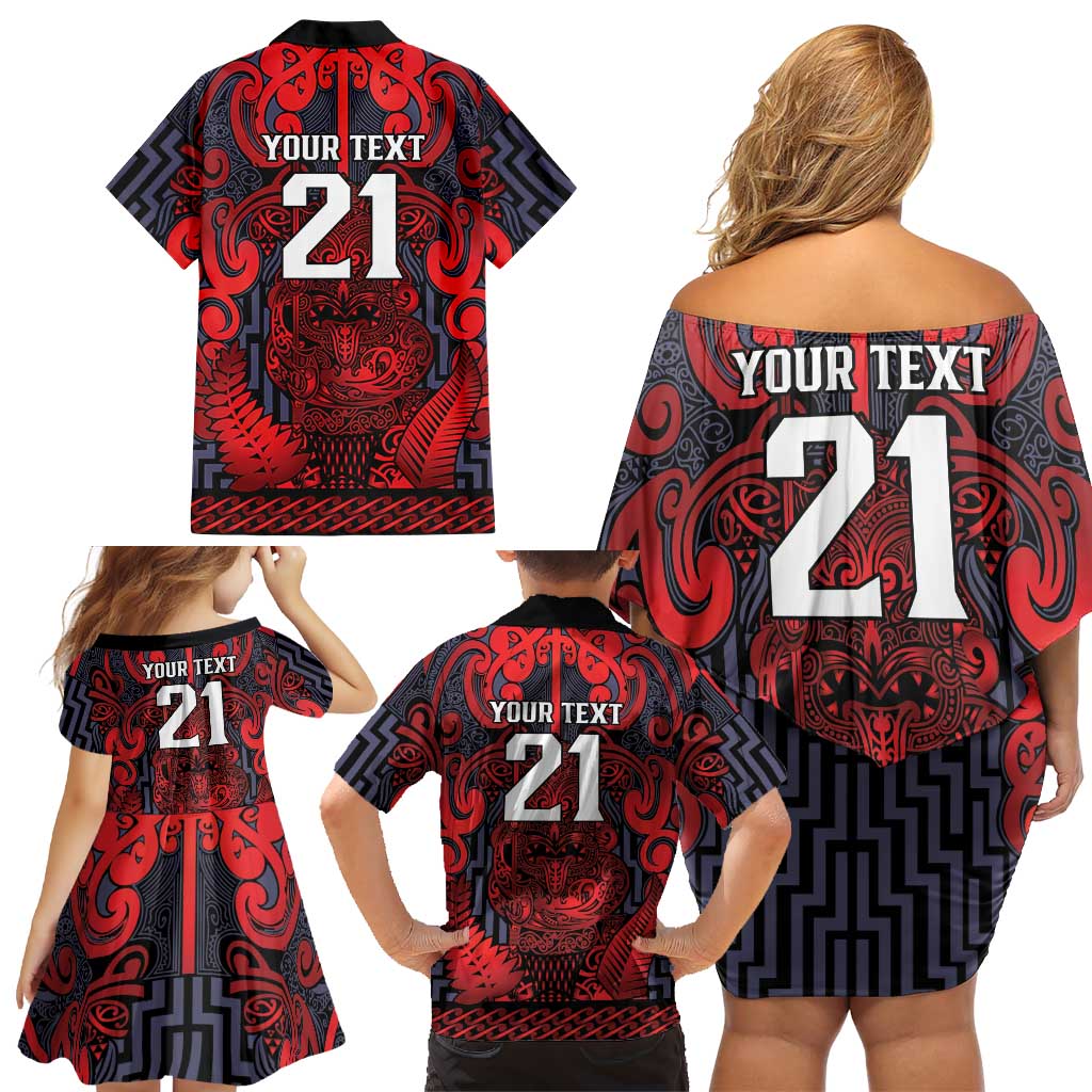 Custom New Zealand Taiaha Maori Family Matching Off Shoulder Short Dress and Hawaiian Shirt Whero Minimalist Silver Fern Tukutuku Motif LT9 - Polynesian Pride