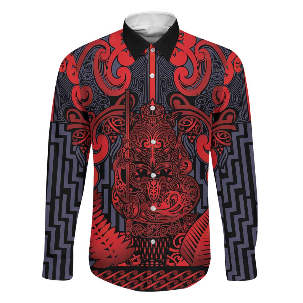 Custom New Zealand Taiaha Maori Family Matching Puletasi and Hawaiian Shirt Whero Minimalist Silver Fern Tukutuku Motif LT9 Dad's Shirt - Long Sleeve Red - Polynesian Pride