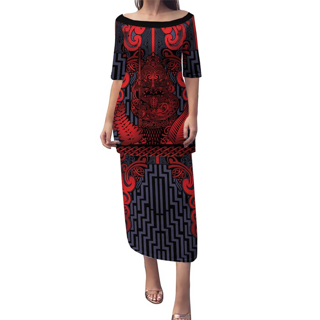 Custom New Zealand Taiaha Maori Family Matching Puletasi and Hawaiian Shirt Whero Minimalist Silver Fern Tukutuku Motif LT9 Mom's Dress Red - Polynesian Pride