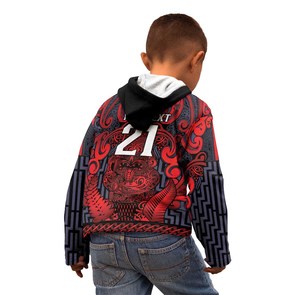 Custom New Zealand Taiaha Maori Kid Hoodie Whero Minimalist Silver Fern Tukutuku Motif LT9 - Polynesian Pride