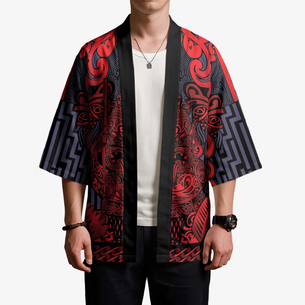 Custom New Zealand Taiaha Maori Kimono Whero Minimalist Silver Fern Tukutuku Motif LT9 - Polynesian Pride
