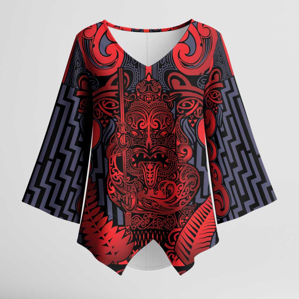 Custom New Zealand Taiaha Maori Kimono Sleeve Blouse Whero Minimalist Silver Fern Tukutuku Motif LT9 Female Red - Polynesian Pride