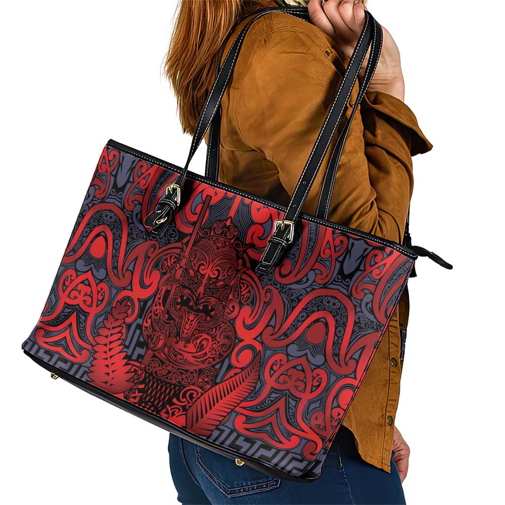 New Zealand Taiaha Maori Leather Tote Bag Whero Minimalist Silver Fern Tukutuku Motif LT9 - Polynesian Pride
