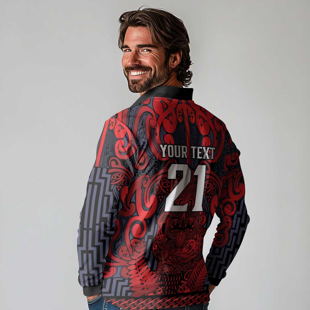 Custom New Zealand Taiaha Maori Long Sleeve Polo Shirt Whero Minimalist Silver Fern Tukutuku Motif LT9 - Polynesian Pride