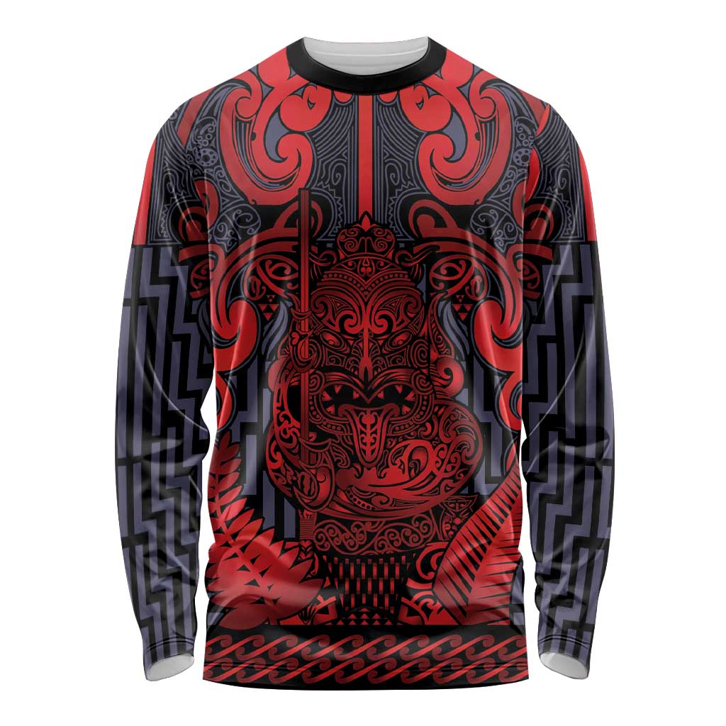 Custom New Zealand Taiaha Maori Long Sleeve Shirt Whero Minimalist Silver Fern Tukutuku Motif LT9 Unisex Red - Polynesian Pride