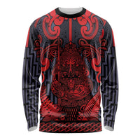 Custom New Zealand Taiaha Maori Long Sleeve Shirt Whero Minimalist Silver Fern Tukutuku Motif LT9 Unisex Red - Polynesian Pride