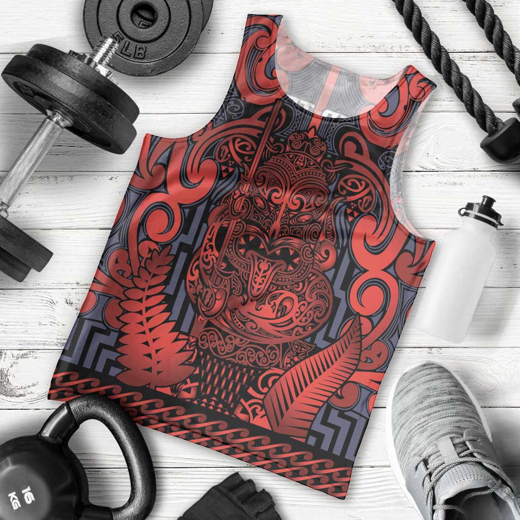 Custom New Zealand Taiaha Maori Men Tank Top Whero Minimalist Silver Fern Tukutuku Motif LT9 - Polynesian Pride