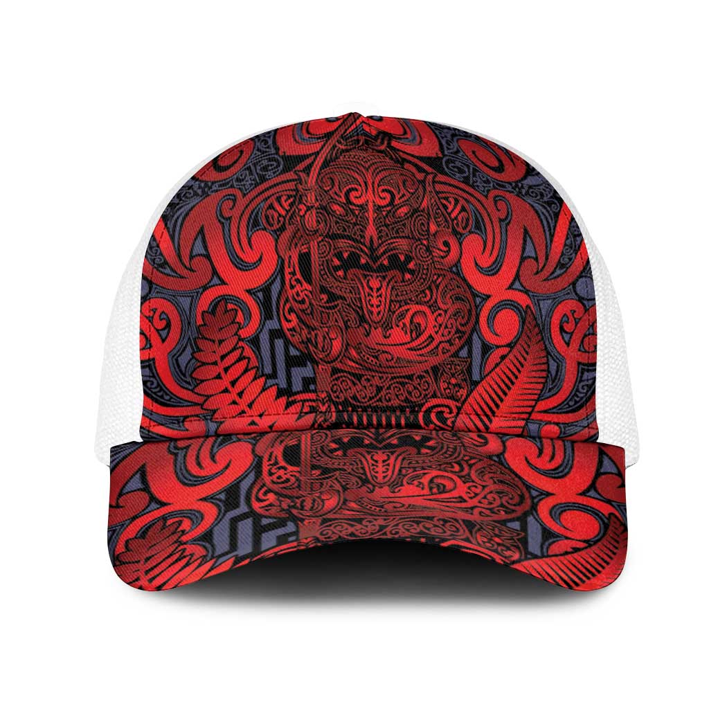 New Zealand Taiaha Maori Mesh Trucker Cap Whero Minimalist Silver Fern Tukutuku Motif LT9 One Size White Red - Polynesian Pride