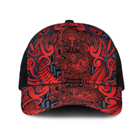 New Zealand Taiaha Maori Mesh Trucker Cap Whero Minimalist Silver Fern Tukutuku Motif LT9 One Size Black Red - Polynesian Pride