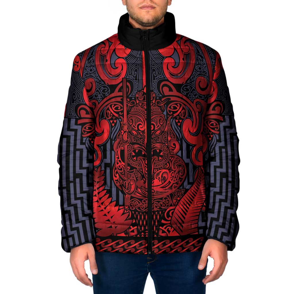 Custom New Zealand Taiaha Maori Padded Jacket Whero Minimalist Silver Fern Tukutuku Motif LT9 Men Red - Polynesian Pride