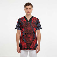 Custom New Zealand Taiaha Maori Scrub Top Whero Minimalist Silver Fern Tukutuku Motif LT9 - Polynesian Pride