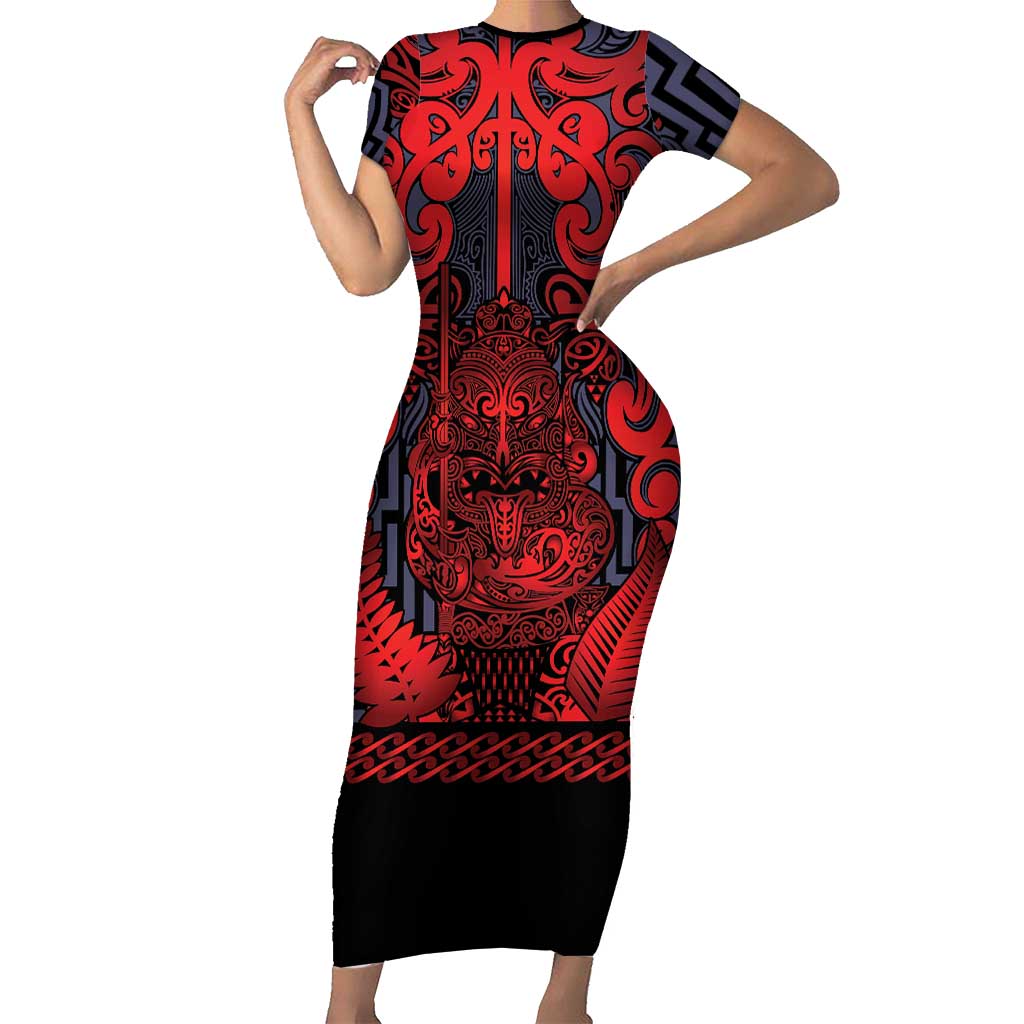Custom New Zealand Taiaha Maori Short Sleeve Bodycon Dress Whero Minimalist Silver Fern Tukutuku Motif LT9 Long Dress Red - Polynesian Pride