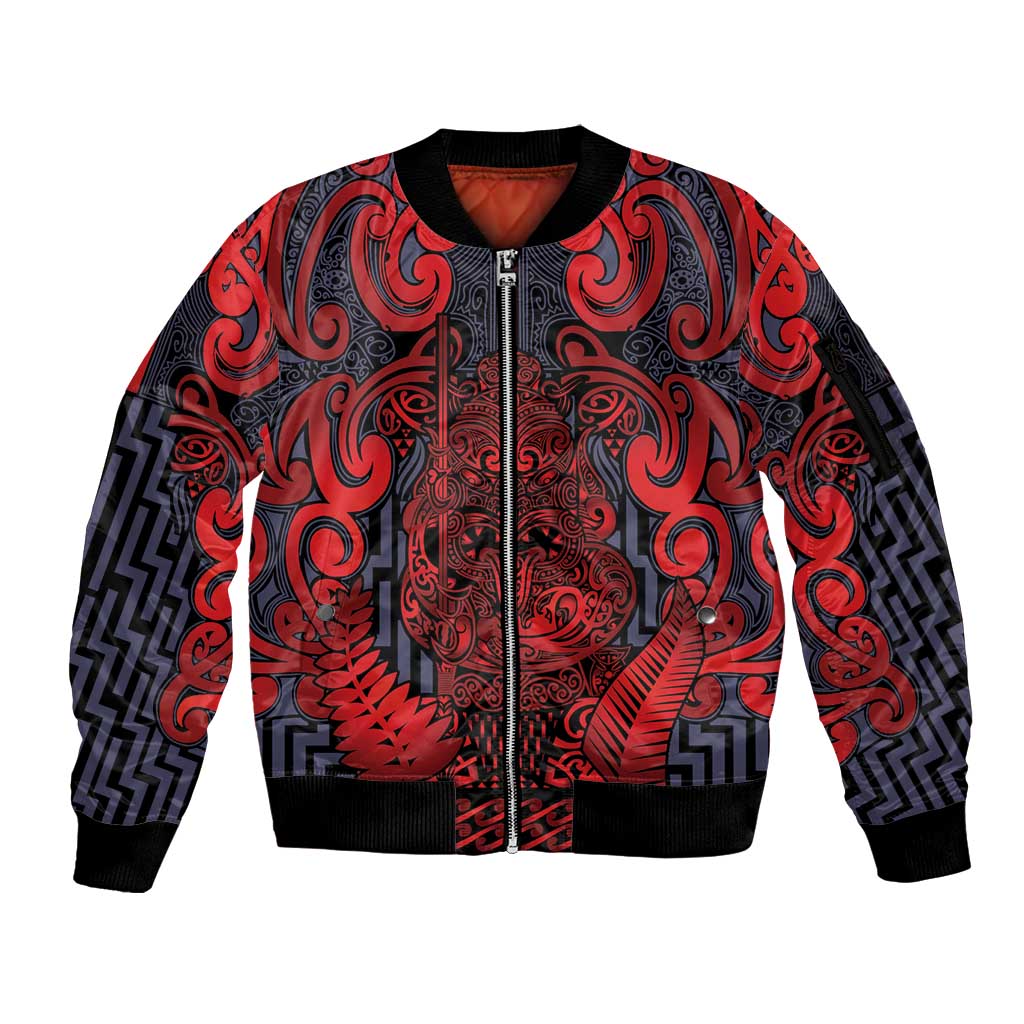 Custom New Zealand Taiaha Maori Sleeve Zip Bomber Jacket Whero Minimalist Silver Fern Tukutuku Motif LT9 Unisex Red - Polynesian Pride