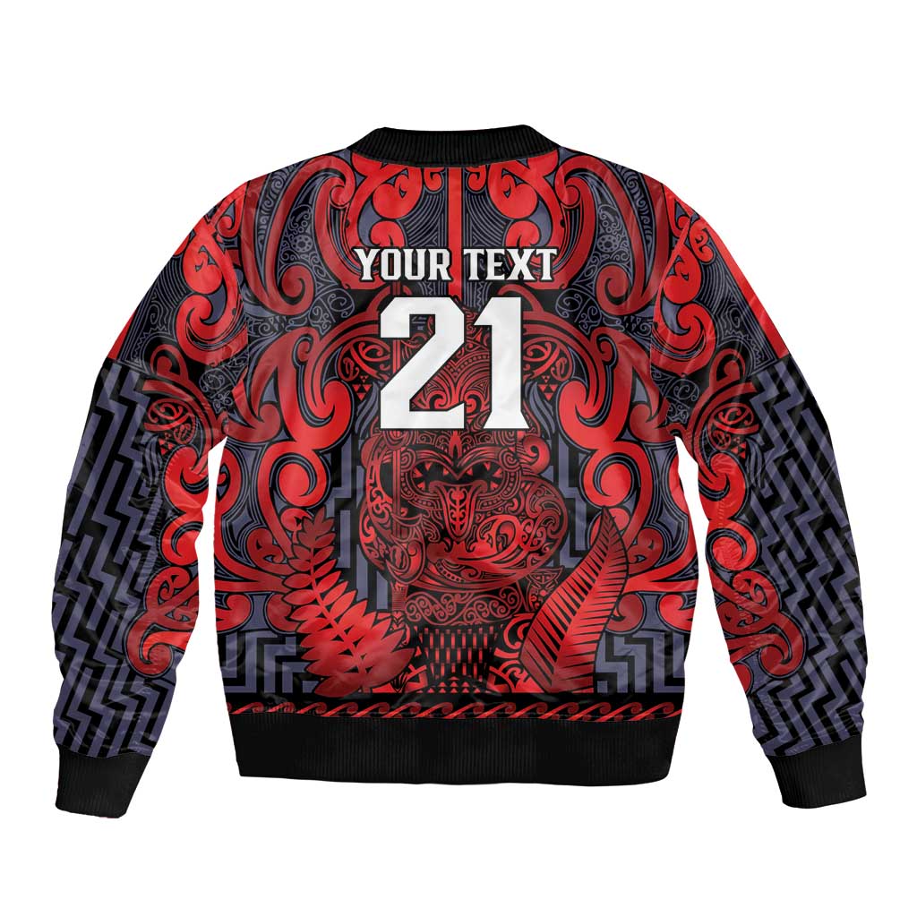 Custom New Zealand Taiaha Maori Sleeve Zip Bomber Jacket Whero Minimalist Silver Fern Tukutuku Motif LT9 - Polynesian Pride