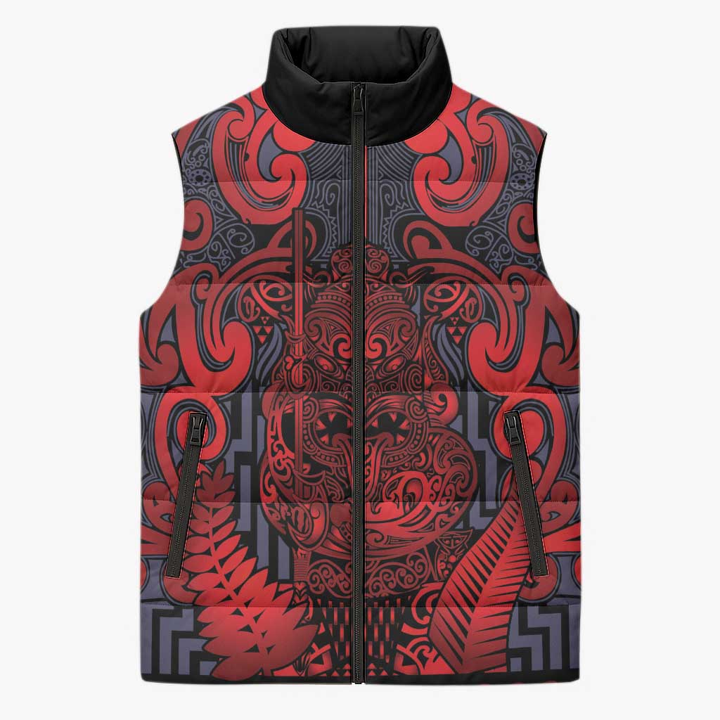 Custom New Zealand Taiaha Maori Sleeveless Puffer Jacket Whero Minimalist Silver Fern Tukutuku Motif