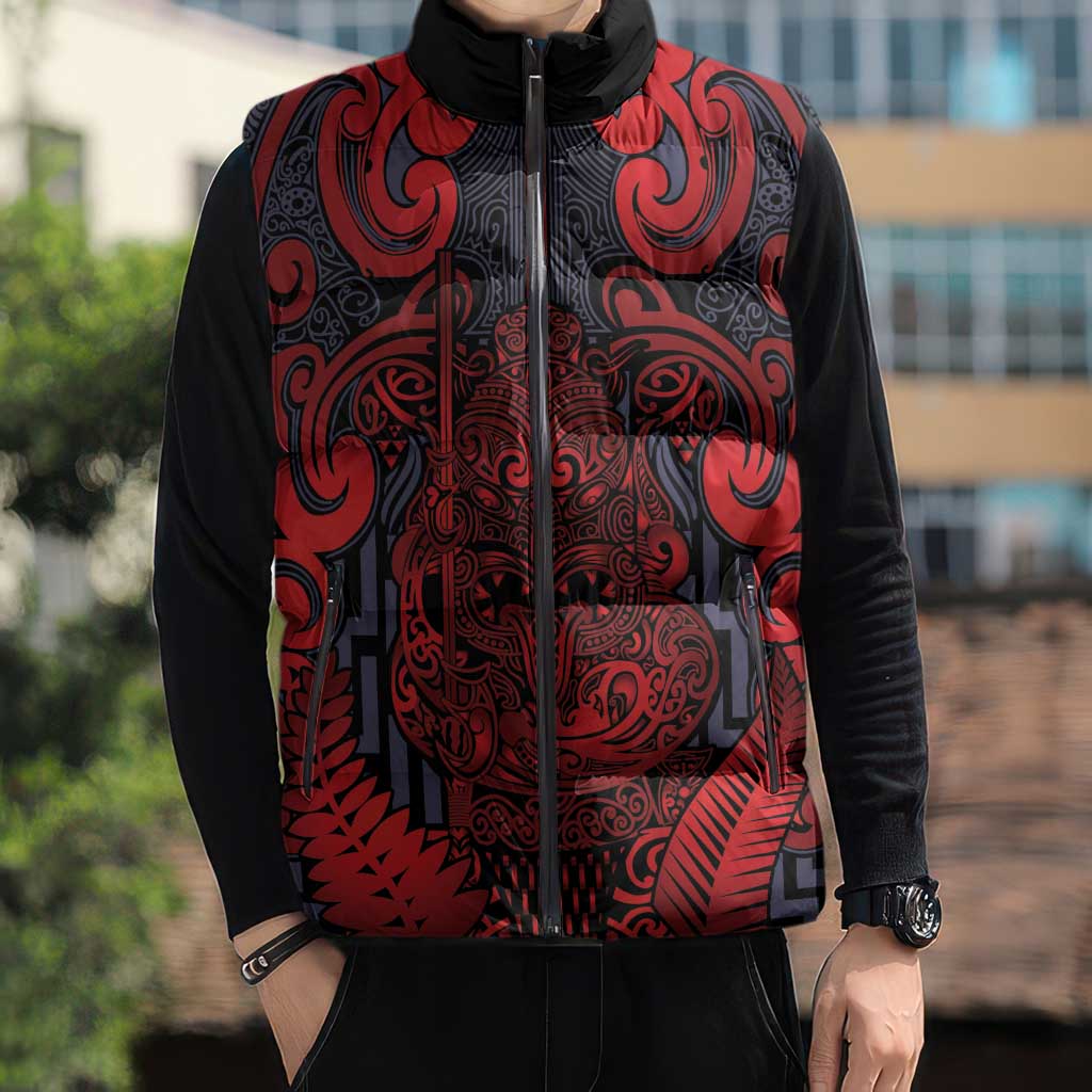 Custom New Zealand Taiaha Maori Sleeveless Puffer Jacket Whero Minimalist Silver Fern Tukutuku Motif LT9 - Polynesian Pride