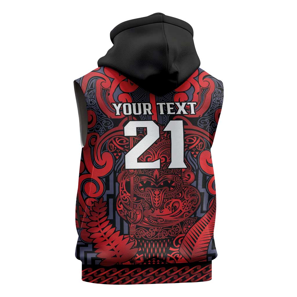 Custom New Zealand Taiaha Maori Sleeveless Zip Hoodie Whero Minimalist Silver Fern Tukutuku Motif LT9 - Polynesian Pride