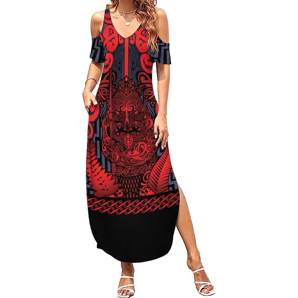 Custom New Zealand Taiaha Maori Summer Maxi Dress Whero Minimalist Silver Fern Tukutuku Motif LT9 Women Red - Polynesian Pride