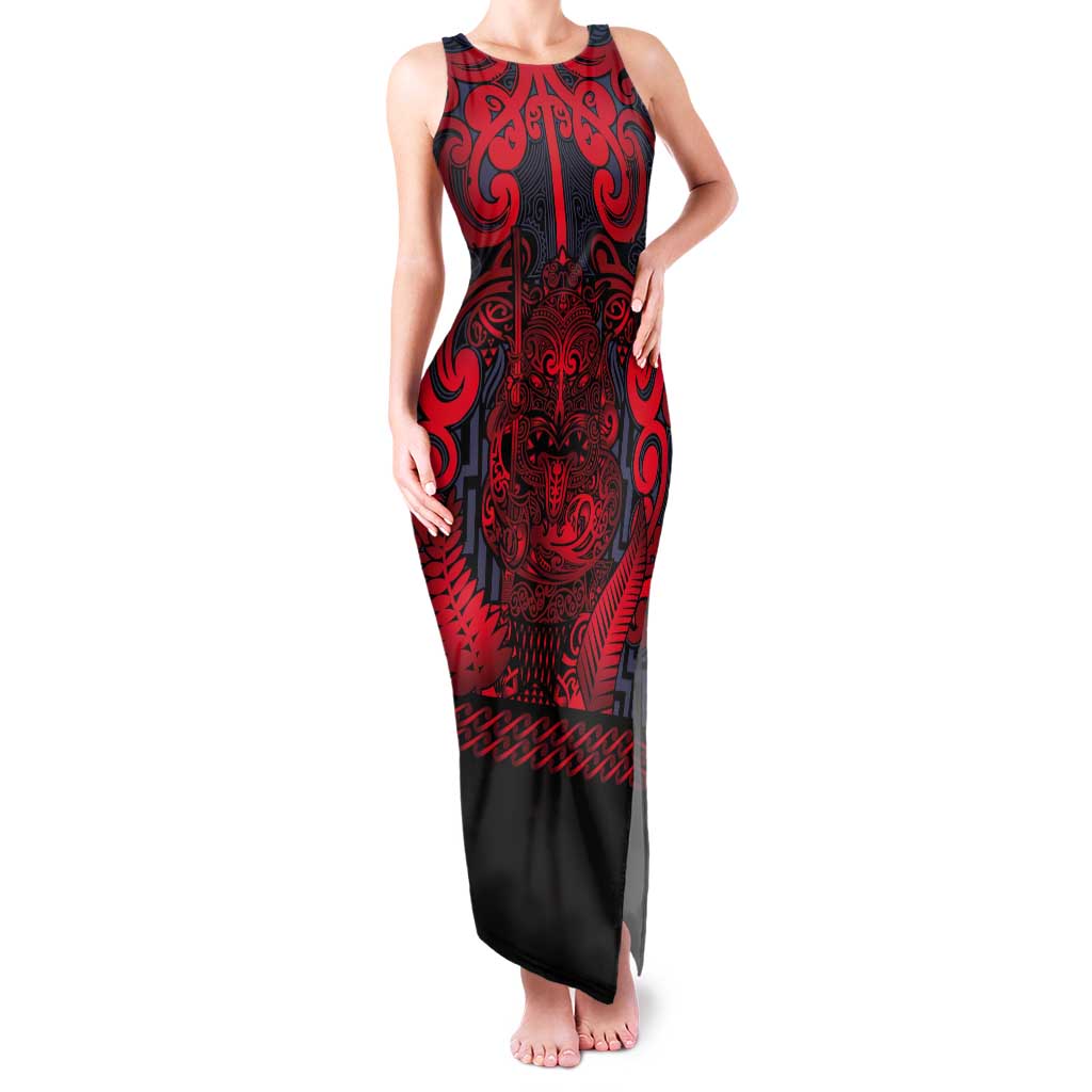 Custom New Zealand Taiaha Maori Tank Maxi Dress Whero Minimalist Silver Fern Tukutuku Motif LT9 Women Red - Polynesian Pride