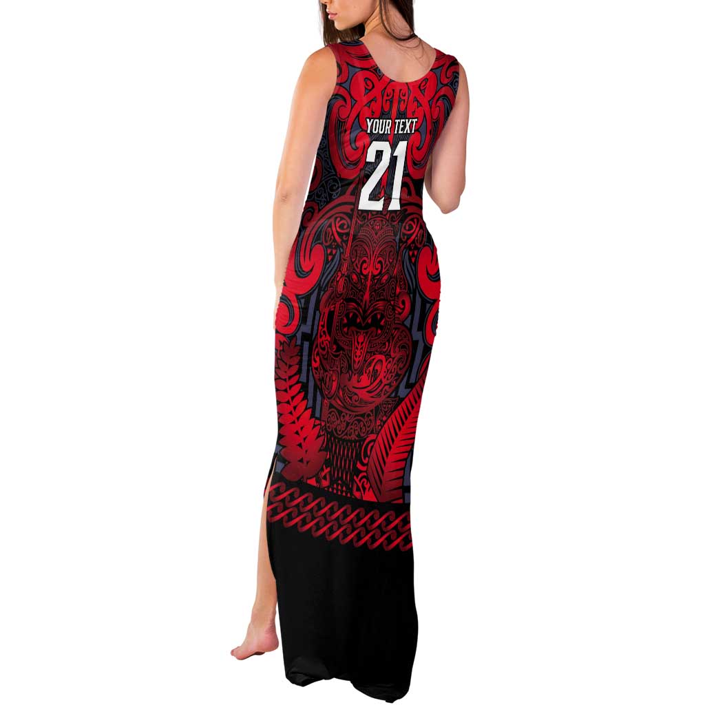 Custom New Zealand Taiaha Maori Tank Maxi Dress Whero Minimalist Silver Fern Tukutuku Motif LT9 - Polynesian Pride