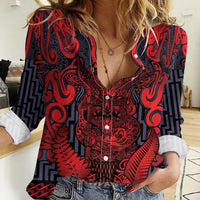Custom New Zealand Taiaha Maori Women Casual Shirt Whero Minimalist Silver Fern Tukutuku Motif LT9 Female Red - Polynesian Pride