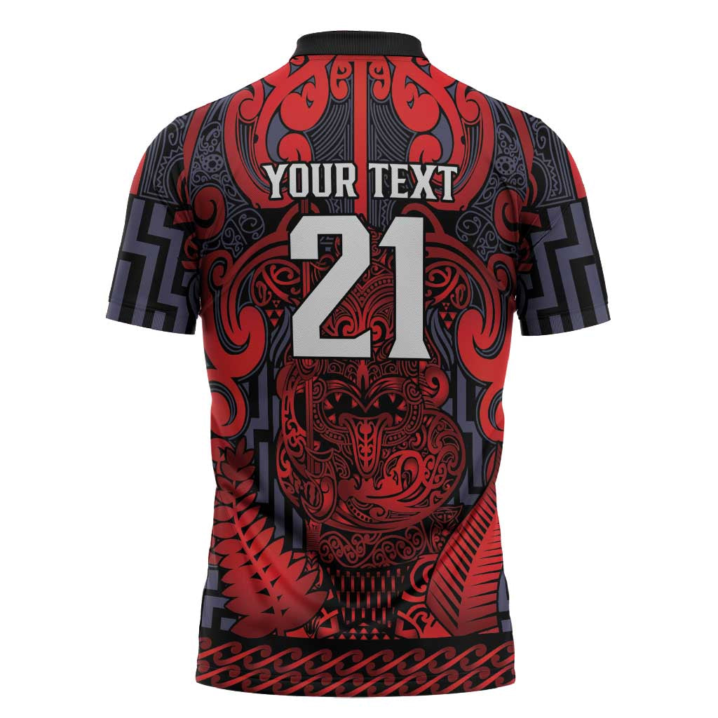 Custom New Zealand Taiaha Maori Zipper Polo Shirt Whero Minimalist Silver Fern Tukutuku Motif LT9 - Polynesian Pride