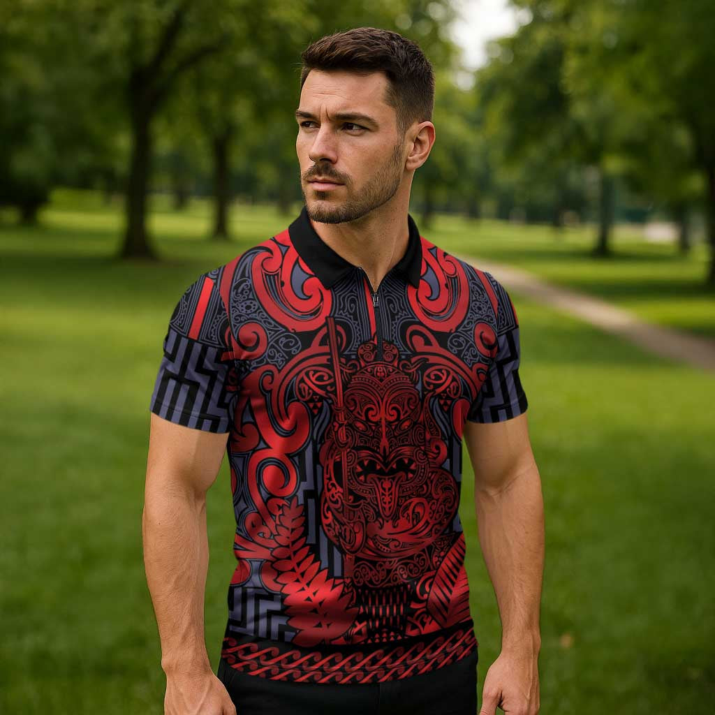 Custom New Zealand Taiaha Maori Zipper Polo Shirt Whero Minimalist Silver Fern Tukutuku Motif LT9 - Polynesian Pride