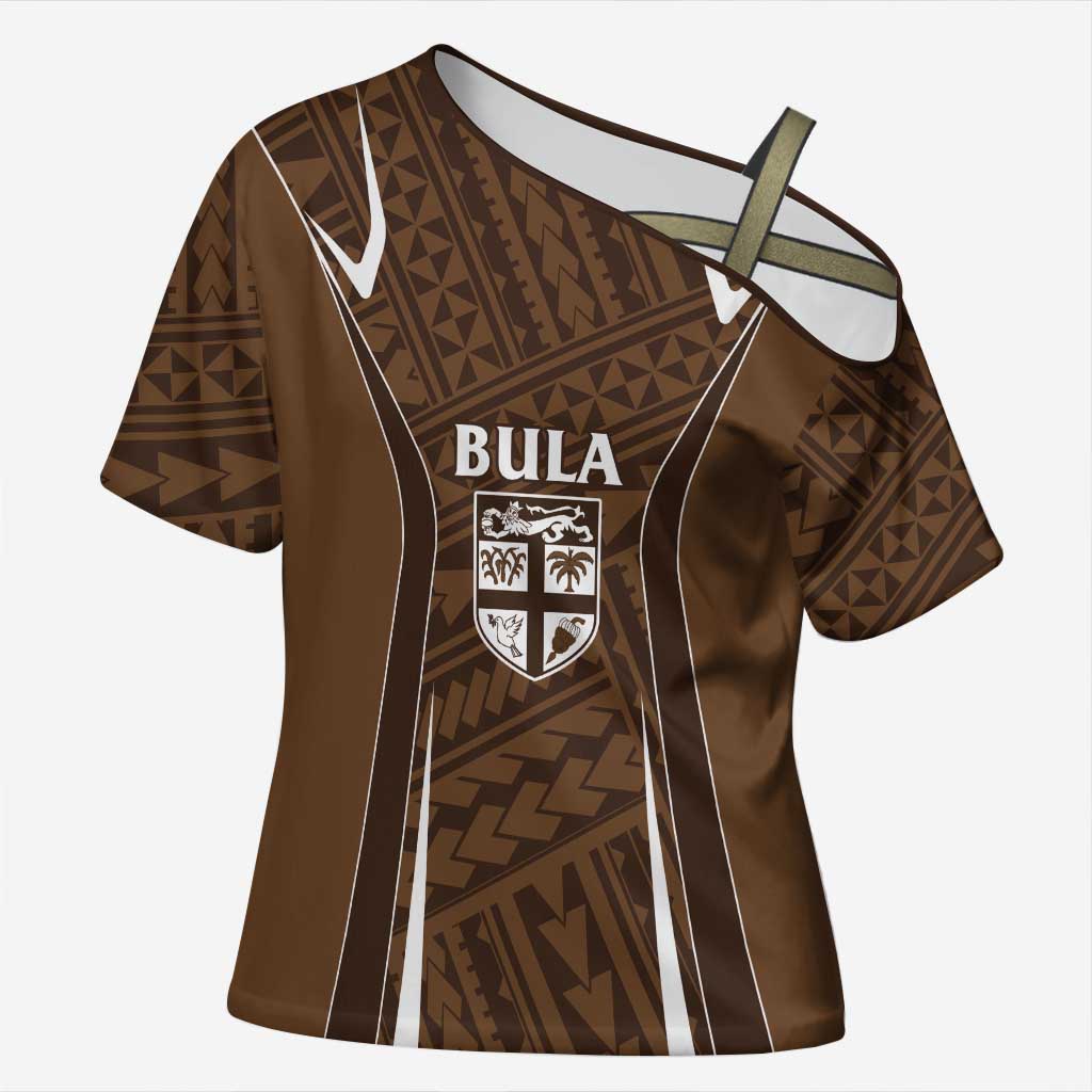 Custom Oceania Football Bula Fiji Cross Shoulder Shirt Polynesian Tribal Pattern LT9 Female Brown - Polynesian Pride