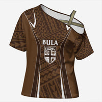 Custom Oceania Football Bula Fiji Cross Shoulder Shirt Polynesian Tribal Pattern LT9 Female Brown - Polynesian Pride