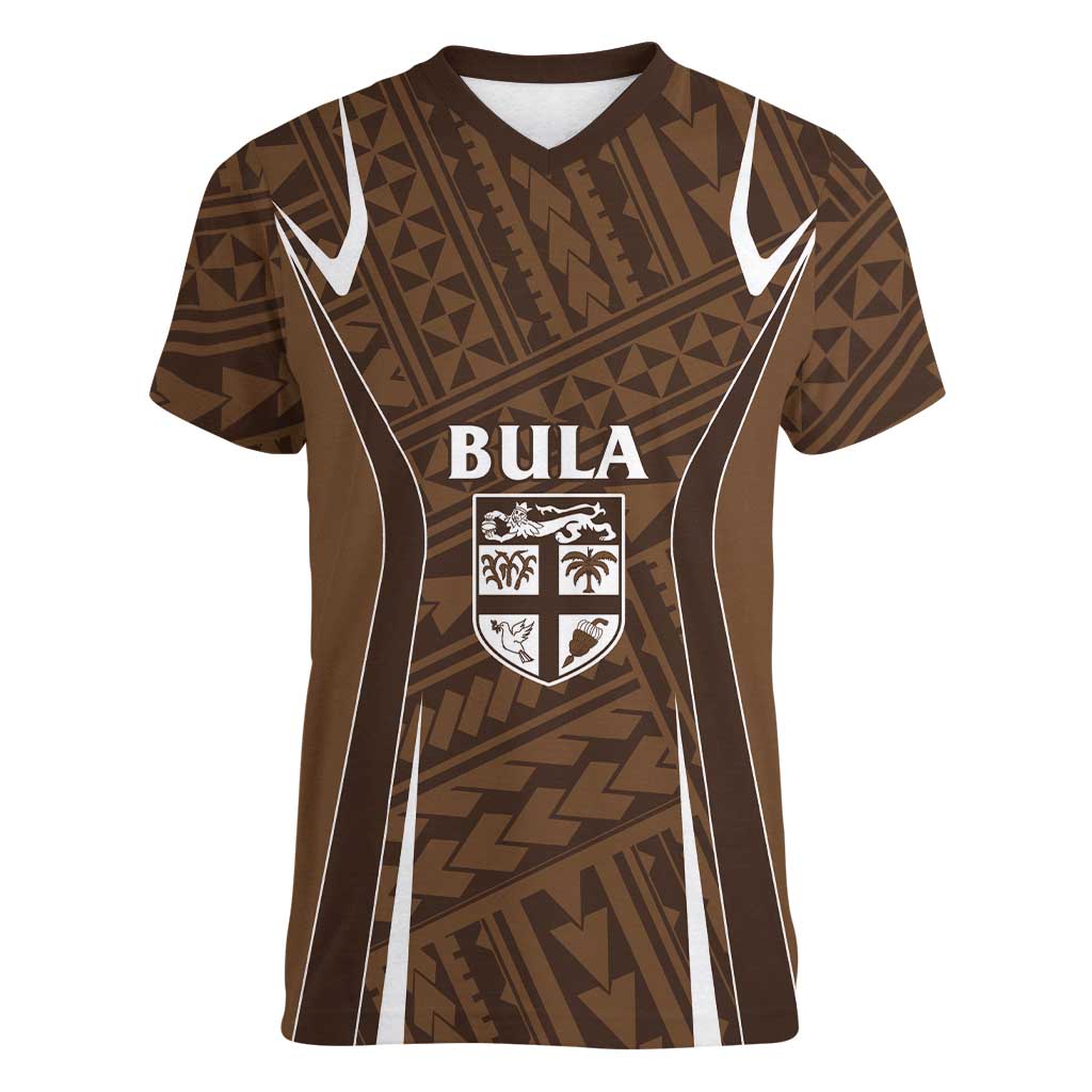 Custom Oceania Football Bula Fiji Women V-Neck T-Shirt Polynesian Tribal Pattern LT9 Female Brown - Polynesian Pride