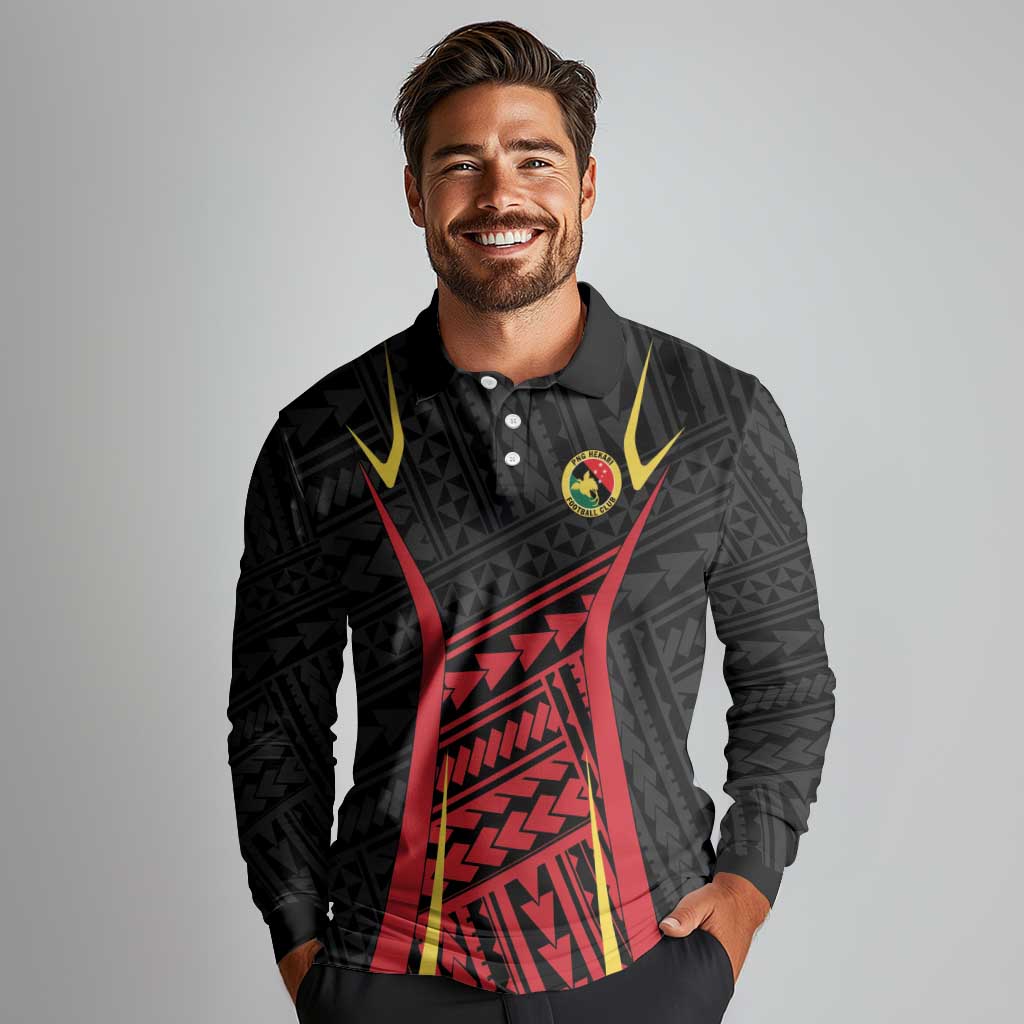 Custom Oceania Football Papua New Guinea Long Sleeve Polo Shirt Polynesian Tribal Pattern