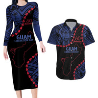 Personalized Guam 80th Anniversary Liberation Day Couples Matching Long Sleeve Bodycon Dress and Hawaiian Shirt Guahan Basic Seal LT9 Black - Polynesian Pride